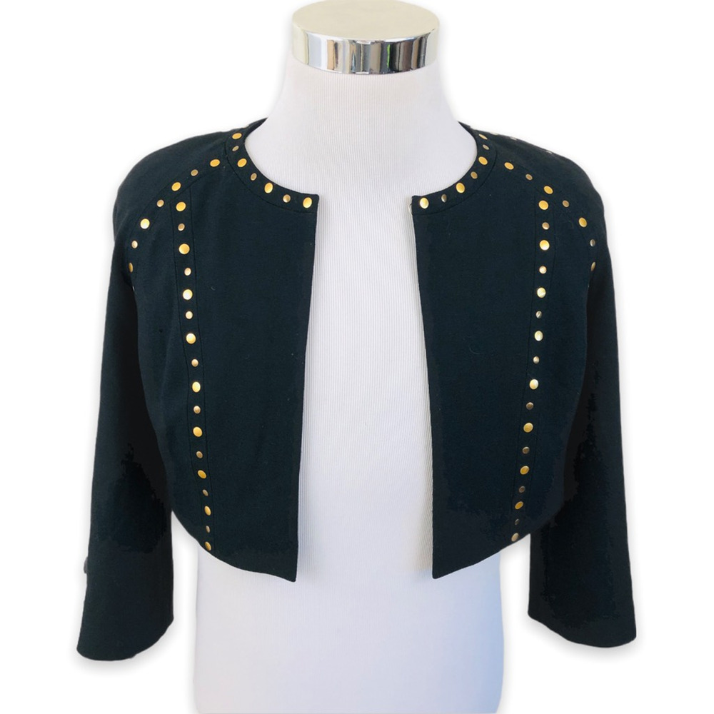 Basler Jacket Blazer Womens 36 Crop Black Hook Eye Crew Neck‎ Stretch Studded